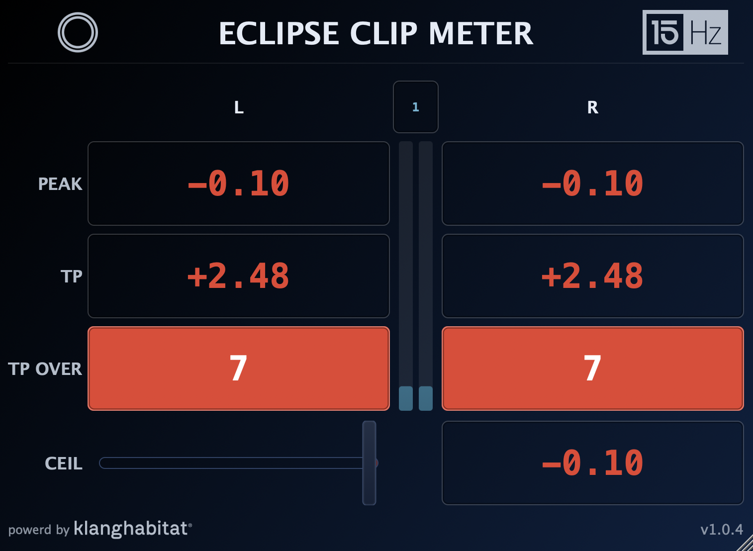 15Hz Eclipse Clip Meter — Plugin-Oberfläche